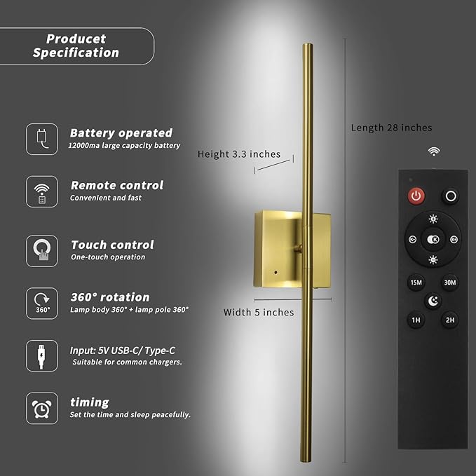 Battery Operated Wall Sconce Set of 2 Rechargeable Wireless Cordless 12000ma 360° Rotation Large Wall Lights lamp Modern Decor Linear Long Metal Gold 28