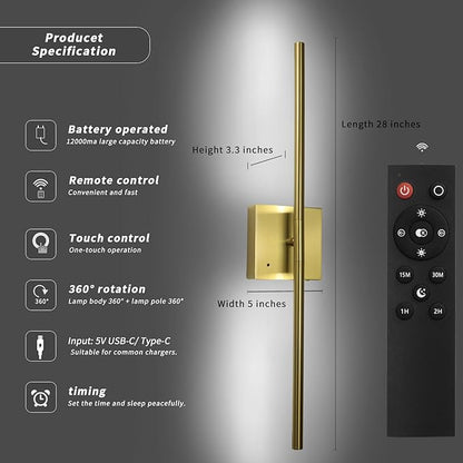 Battery Operated Wall Sconce Set of 2 Rechargeable Wireless Cordless 12000ma 360° Rotation Large Wall Lights lamp Modern Decor Linear Long Metal Gold 28"