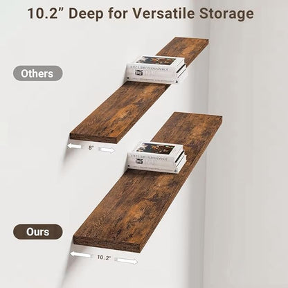 Vivelove 10 Inch Deep Floating Shelves 48 inch Long, 47.2 x 10 Wide Wall Shelves with Invisible Brackets, for Bedroom Bathroom Living Room Kitchen Office, Farmhouse Home Decor, Set of 2, Rustic Brown