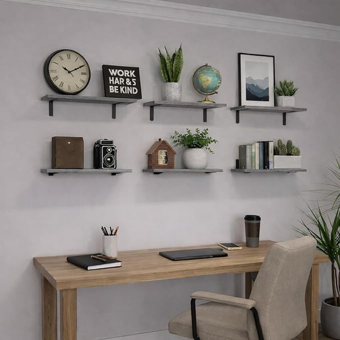 Floating Shelves Set of 6, Wooden Floating Shelves for Wall Decor, Farmhouse Shelf for Bedroom, Wall Mounted Bathroom Storage Shelves, Floating Book Shelves for Living Room