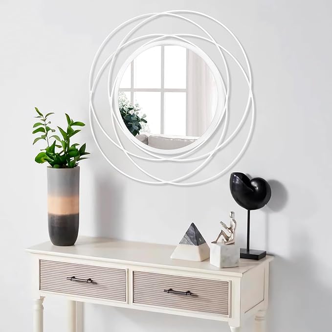 White Art Circle Mirror for Wall with Iron Metal Wire Frame Wall-Mounted Mirror for Home Decor Living Room Bedroom Bathroom Entryway Small 20” x 20”