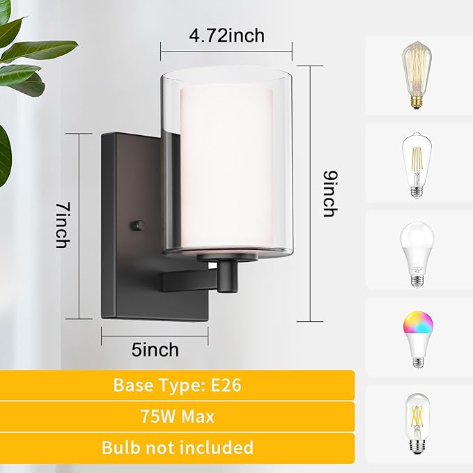 Kalium Wall Sconces Set of Two, Modern Vanity Lights with Double Clear Glass Shade Matte Black Indoor Farmhouse Wall Lights for Bathroom Living Room Bedroom Mirror Hallway Bulb E26 Base (2PCS)