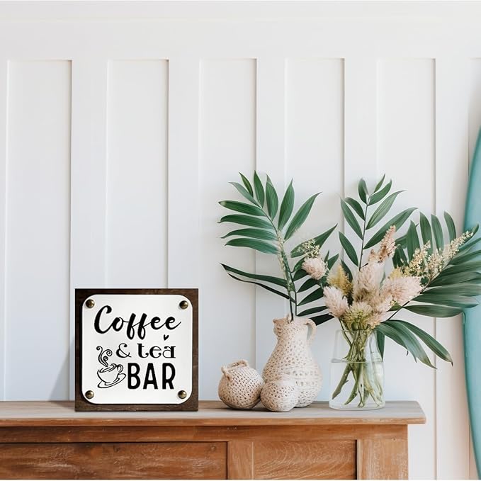 Coffee & Tea Bar Sign, Coffee Bar Decor, Wooden Box Signs Decors Art, Farmhouse Desk Sign, Kitchen Decor, Shelf Table Decoration, Stylish Decoration for Home Cafe Coffees Bar