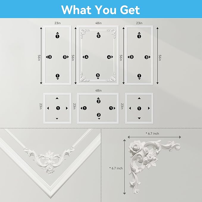 OUZUGIE 3 Set Wall Molding Kit with Flower Corner Pre-Cut Wainscoting Panels for Interior Wall Decor - Installed with Glue(Not Including) 3 Top 3 Bottom