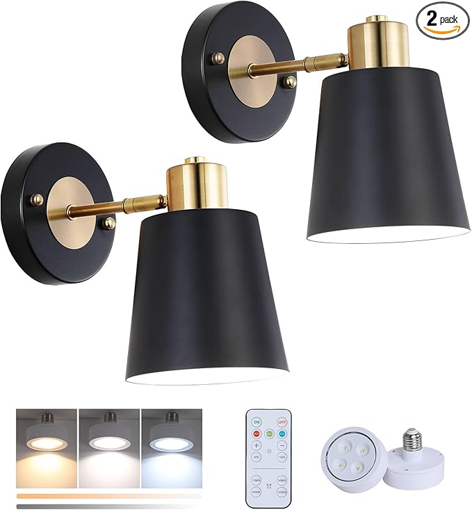 Battery Operated Wall Sconce Set of Two, Black and Gold Modern with Remote Control Dimmable Wall Lighting Indoor, Not Hardwired Led Wall Lamp Fixtures for Bedroom, Bulb Included
