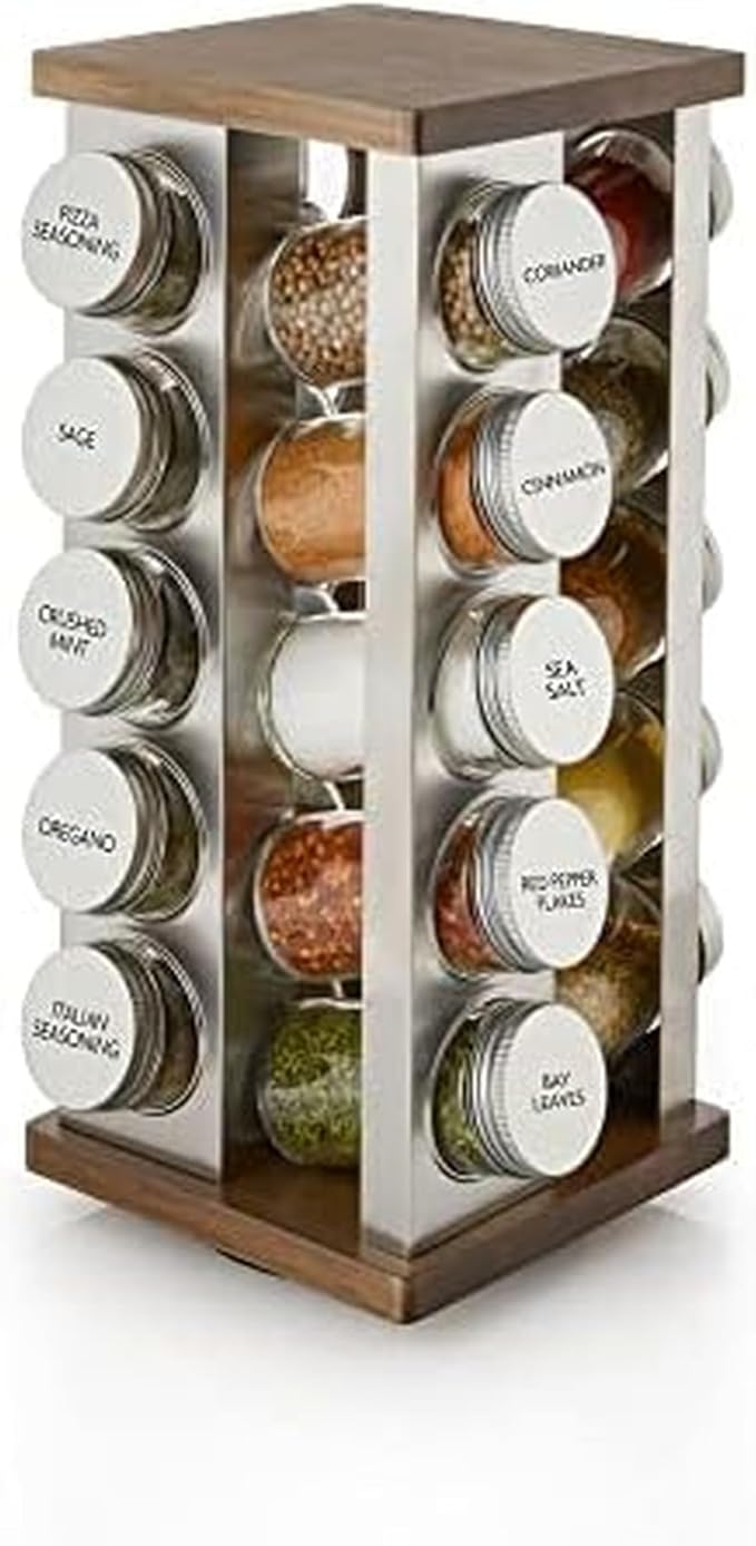 Kamenstein 20 Jar Vintage Spice Rack with Spices Included, Revolving Countertop Spice Organizer with Glass Jars, Labeled Caps, Removable Sifter Discs, and Free Refills for 5 Years