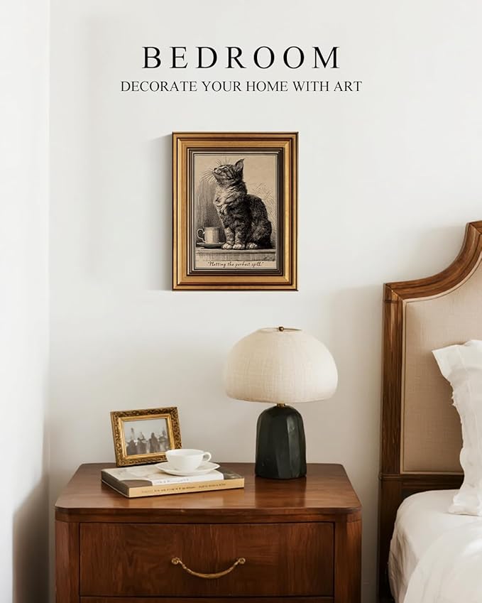 VIYYIEA Gold Small Framed Canvas Art, Vintage Cat Art Prints,8x10Inch, Retro Cat Lovers Decor for Home Bedroom Coffee Bar Office Shelf, Funny Animal Sketch Poster