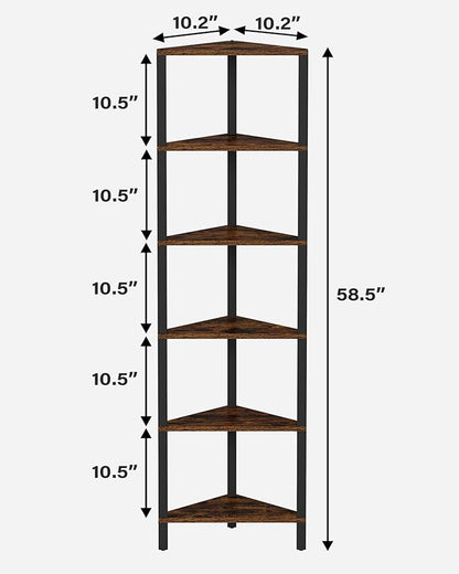 TUTOTAK Corner Shelf, 6-Tier Corner Bookshelf for Small Space, Narrow Display Corner Shelf Stand with Storage Rack, for Living Room, Bedroom, Rustic Brown BS05BB006