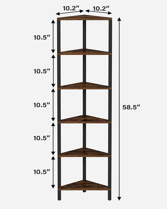 TUTOTAK Corner Shelf, 6-Tier Corner Bookshelf for Small Space, Narrow Display Corner Shelf Stand with Storage Rack, for Living Room, Bedroom, Rustic Brown BS05BB006