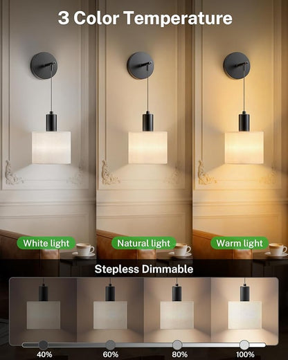 Battery Operated Wall Sconce Set of 2, Wireless Rechargeable Wall Lights with Remote Control, 9 Colors Dimmable LED Lamps, Modern Cordless Sconces for Bedroom Living Room Hallway(Black)