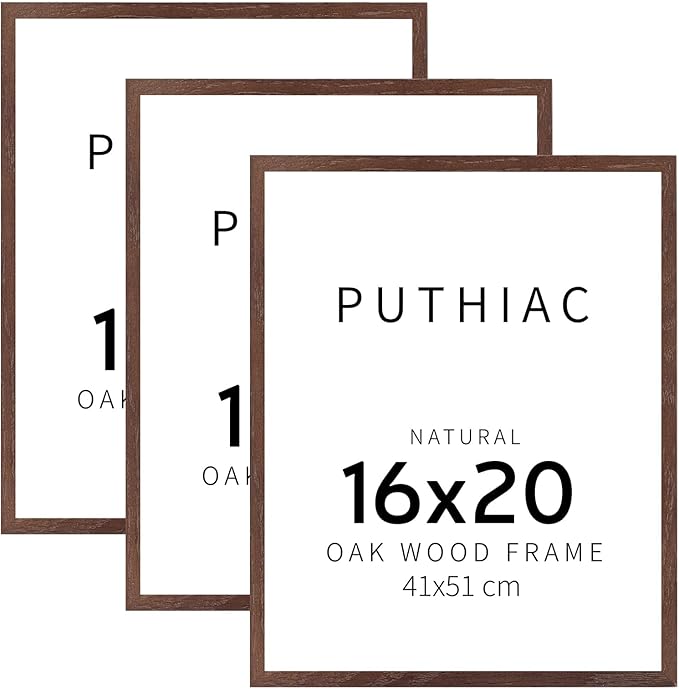 puthiac 16x20 Solid Oak Wood Picture Frame, Fits 12x16 with Mat or 16x20 Without Mat, Wall Display Only, Vertical or Horizontal, Plexi Front, 3 Pack, Walnut