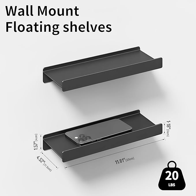 12 inch Metal Floating Shelves for Wall, Small Shelves Wall Mounted with Lip for Storage No Wobble, Heavy Duty Wall Shelves for Bathroom/Kitchen/Bedroom/Small Spaces, Black 12X 4.5X2, Set of 2