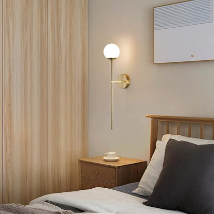 BOKT Mid Century Modern Long Wall Sconce Brushed Brass Bathroom Vanity Wall Sconce Lighting Small Gold Globe Wall Light White Glass Sphere Wall Lamp Antique Brass Wall Lighting
