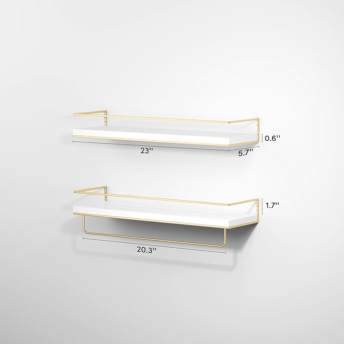 Shario Floating Shelves - Set of 2, Wall Mounted Hanging Shelves with Golden Towel Rack, Decorative Storage Shelves for Bathroom, Kitchen, Living Room & Bedroom