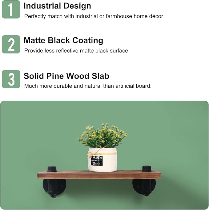 HouseAid Industrial Pipe Floating Shelves, Rustic Farmhouse Pipe Shelf for Living Room, Bedroom, Bathroom and Kitchen, Wall Mounted, Matte Black (2 Pack)