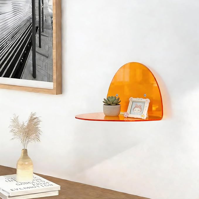 Lesnala 2Pcs Small Acrylic Shelves Floating Shelves for Wall Orange Wall Mounted Display Shelf with Stickers and Screws for Bathroom Bedroom Living Room Office Decor,7.9 Inch