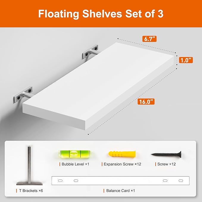 Floating Shelves for Wall, White Wood WallShelf Set of 3, 16" Wall Mounted Floating Shelf for Kitchen, Living Room, Bedroom, Bathroom Storage, Book Shelf for Walls Home Decor, Frame Display