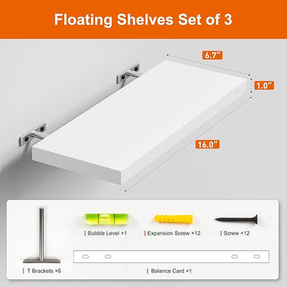 Floating Shelves for Wall, White Wood WallShelf Set of 3, 16" Wall Mounted Floating Shelf for Kitchen, Living Room, Bedroom, Bathroom Storage, Book Shelf for Walls Home Decor, Frame Display
