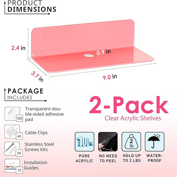 OAPRIRE Pink Acrylic Floating Shelves Set of 2 - Easily Expand Wall Space - Small Wall Shelf with Strong Adhesive for Bedroom, Kids' Room, Bathroom, etc