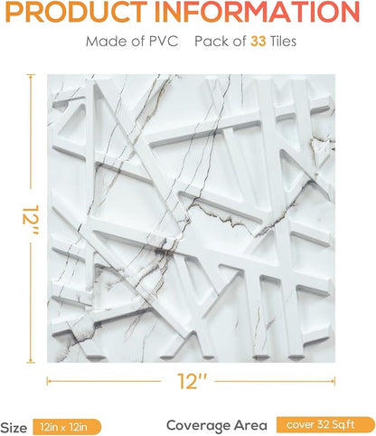 33 Pack 3D Wall Panels for Interior Wall Decor, 12''x12'' White Marble Accent Textured Wall Panels for Living Room, Gaming Room, TV Background, Cover 32 Sq.Ft