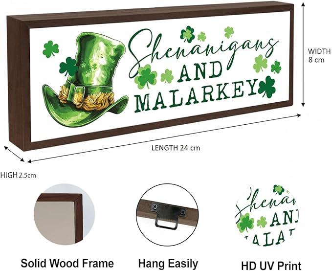 St. Patrick's Day Wooden Table Signs, Shenanigans and Malarkey Sign, Lucky Clover Wooden Block Framed Signs, Desk Decor Art, St. Patrick's Day Themed Decor for Cafe Shop Coffee Bar, 9.5x3.1x1 inches
