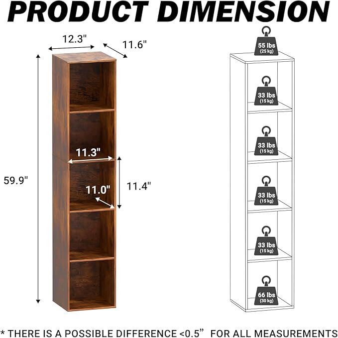 5 Cube Storage Organizer, 5 Tier Cube Low Bookcase Freestanding Storage Display Organizer, Five-Cubes Open Shelf Bookshelf for Home Office (Retro Brown, 5-Cube)