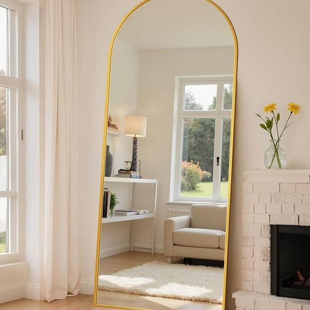 Full Length Mirror with Stand, 71"x26" Arched Full Body Mirror, Large Stand Up Mirrors, Aluminum Frame Floor Standing Mirrors, Freestanding Hanging Leaning Mounted for Bedroom Living Room, Gold