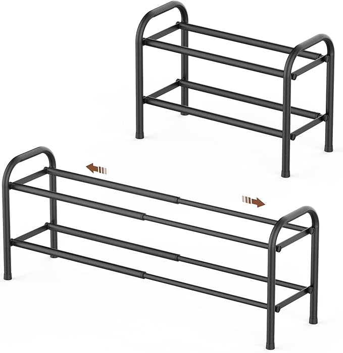 Gonfoam 2-Tier Expandable Shoe Rack,Adjustable Shoe Shelf Storage Organizer Heavy Duty Metal Free Standing Shoe Rack for Entryway Closet Doorway (Black)