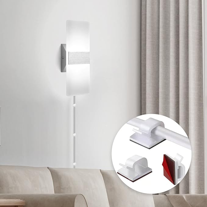 4 Pack Plug in Wall Sconces with Remote Control, Dimmable, Adjustable 3000K-6500K Colors, Silver 12W Acrylic LED Plug in Wall Light, Wall Lamps for Bedroom Living Room Hallway Stair