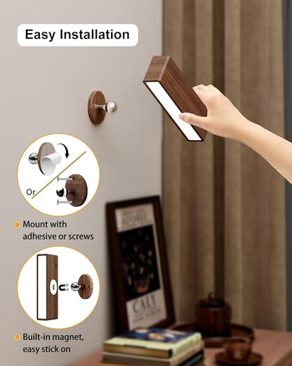 YiLaie Wall Sconces Battery Operated Set of 2,Rechargeable Wall Sconce for Bedroom,Wireless Wall Lights Dimmable,Wood Wall Lights with 360 Rotation,Peel and Stick Wall Sconces for Bedroom Bedside