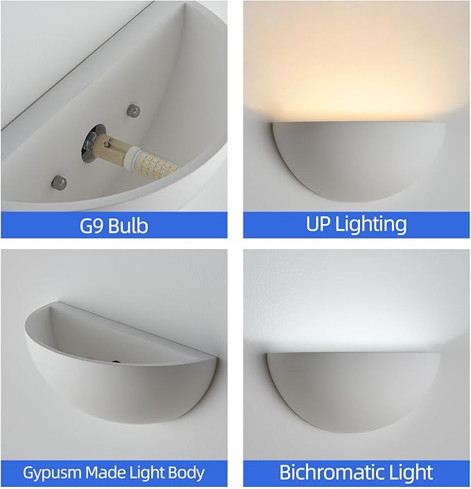 2 Pack Repaintable Hardwired Wall Sconce, Minimalist Half-Sphere Gypsum Wall Light Fixture, Pure White Wall Mounted Lamp, Classic G9 Bulb Walls Lighting for Bedroom, Living Room, Hallway Decor