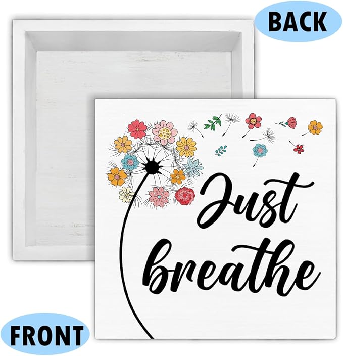 Inspirational Desk Decor - Spring Decorations for Home - Just Breathe Dandelion Wood Sign Home Office Desk Shelf Table Tabletop Decor 5×5 Inches