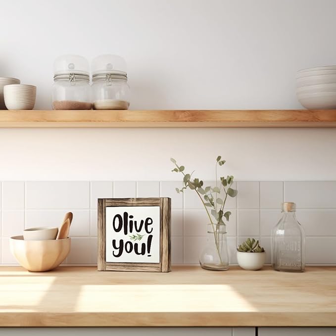 Olive You Box Sign - Funny Wooden Desk, Shelf Decor for Home, Farmhouse Kitchen Bar, Cute Kitchen Decor for Shelf, Home Bar Decoration