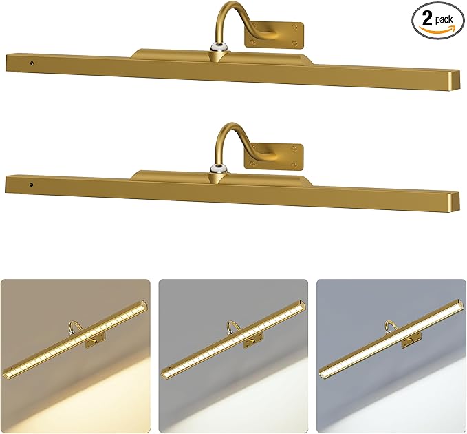 2 Pack 24 Inch Wall Lights for Pictures - Brass Cordless Rechargeable Wall Sconces with Dimmable Remote for Above Mirror, Painting & Décor