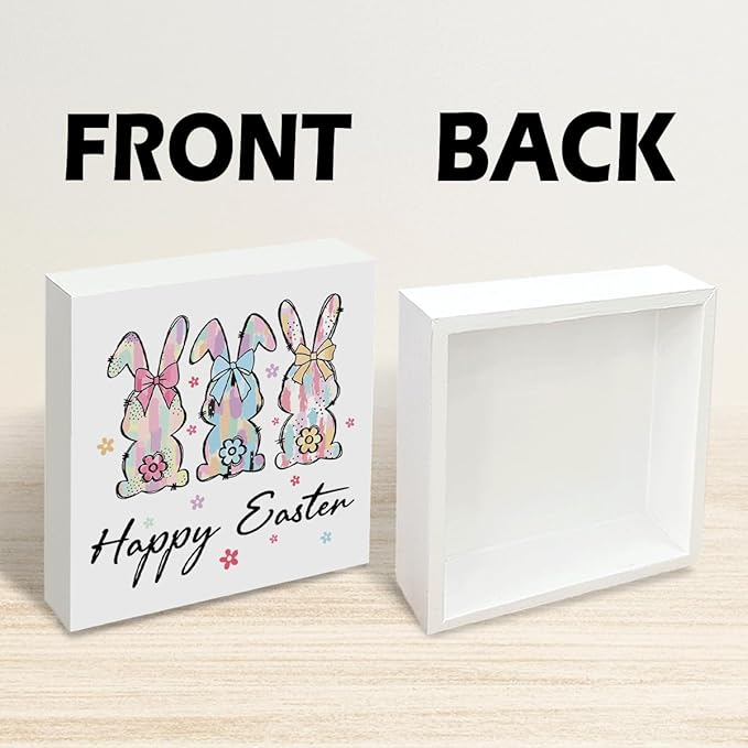 Easter Desk Decorations Happy Easter Wooden Sign, Spring Bunny Farmhouse Tabletop Decor, Easters Holiday Shelf Plaque for Home Office Kitchen 5x5 Inch