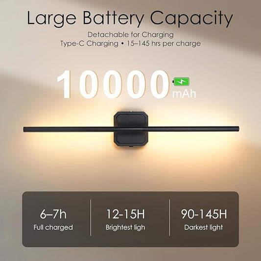 Battery Operated Wall Sconces Set of 2, 𝐔𝐩𝐠𝐫𝐚𝐝𝐞𝐝 Rechargeable Wall Lights with Remote Control, LED Wall Sconces Black, 3000K-6000K Dimmable 360° Rotatable for Living Room, Bedroom, 28''