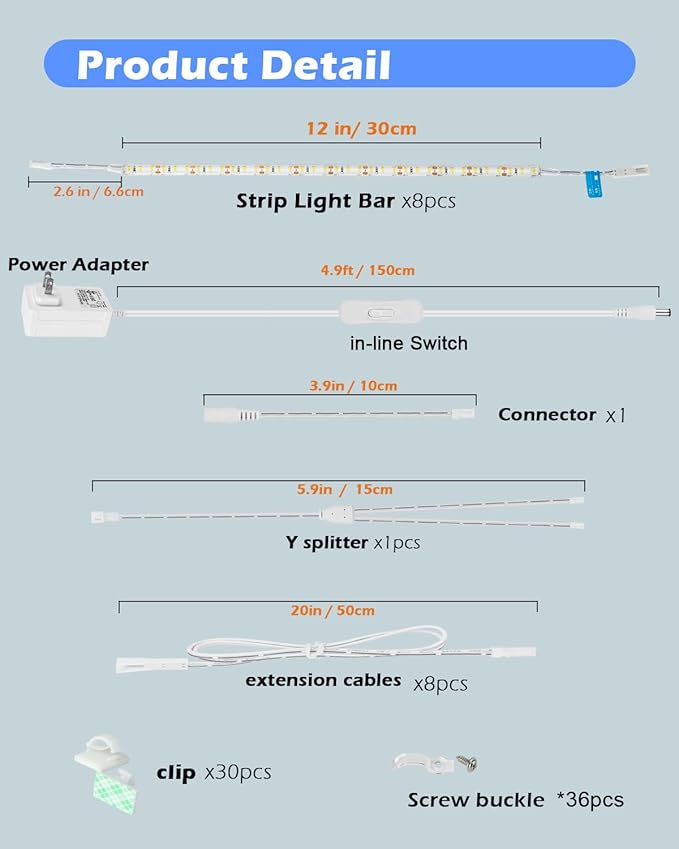 Cefrank LED Under Shelf Lighting Kit, (8) Linkable 12-Inch Light Strips Set, 20W 2000lm Daylight White, Flexible & Durable for Bookcases, Cabinets, Pantries, Showcase, Closet (Cool White)