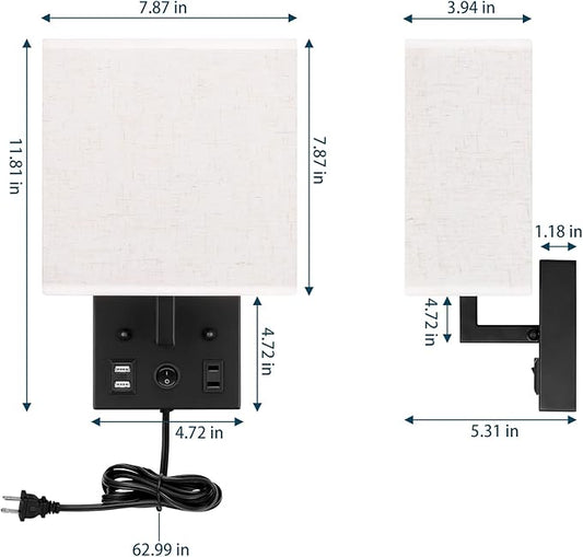 Black Wall Sconces Set of 2, Bedside Wall Lights for Bedroom, Plug in Wall Sconce with USB Ports and Outlets, Modern Wall Lamp for Mirror Kitchen Living Room Hallway, E26 Base (LED Bulbs Included)