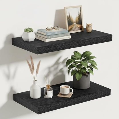 Vivelove 16 Inches Floating Shelves Wall Mounted, 10" Deep Wall Shelves for Bedroom, Bathroom, Living Room, Kitchen, Office, Home Decor, Modern Shelf, Set of 2, Black, 16x10.2x1.5