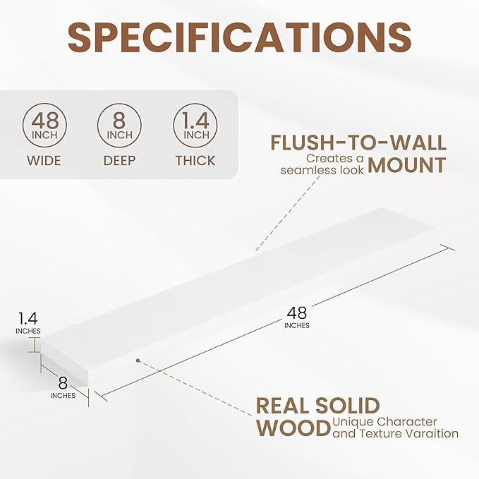 Fun Memories Rustic Real Wood Floating Shelves, 8 Inch Deep Floating Shelf Wall Mounted, 48