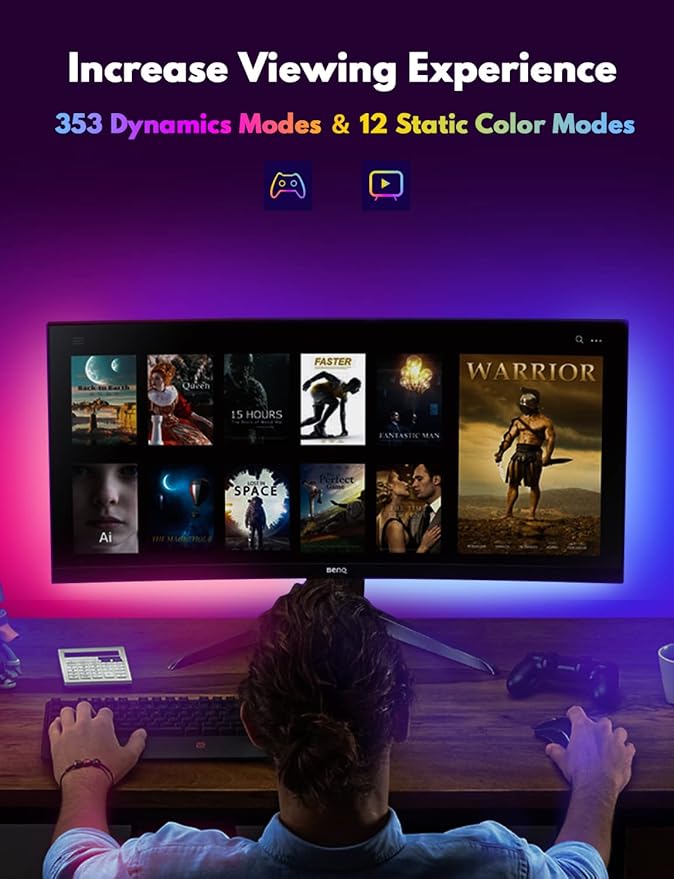 Under Monitor RGB Light Bar, LED Light for Desk Gaming Setup, USB Powered Keyboard Light, 12 Inch 5V, 353 Color Change Modes, Wireless Remote, LED Ambient Lights for Room Decor, Desk Setup, PC