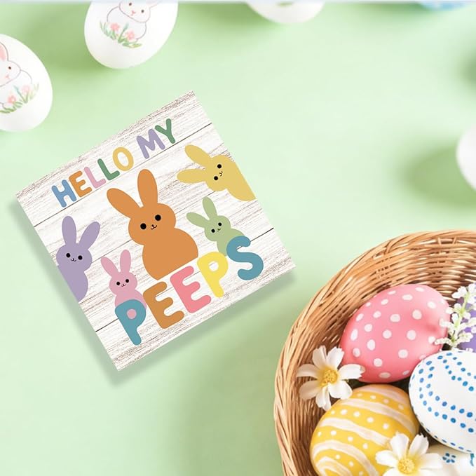 Easter Sign Cute Easter Peeps Decor Decorations Spring Bunny Table Decorations Decor Indoor for Home Office Desk Table Shelf Tiered Tray Hello My Peeps Wooden Sign 5 X 5 Inch