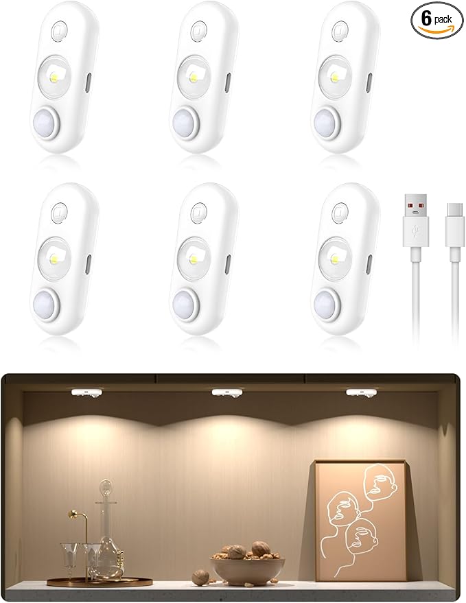 Diomart LED Motion Sensor Puck Lights Indoor, Rechargeable Under Cabinet Lights, Stick on Wireless LED Small Night Light for Closet, Drawer, Shelf, Under Cabinet, 6 Pack (White Light)