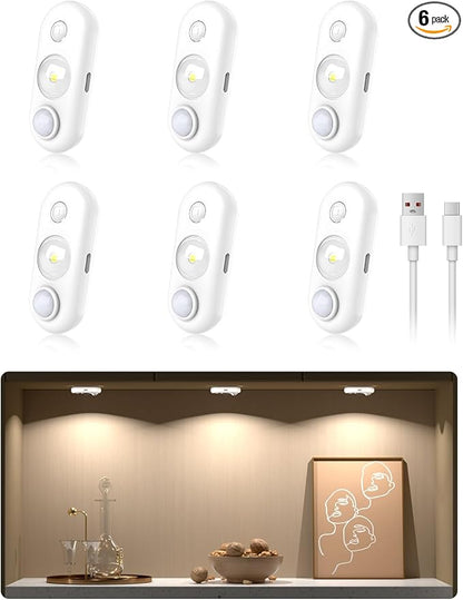 Diomart LED Motion Sensor Puck Lights Indoor, Rechargeable Under Cabinet Lights, Stick on Wireless LED Small Night Light for Closet, Drawer, Shelf, Under Cabinet, 6 Pack (White Light)