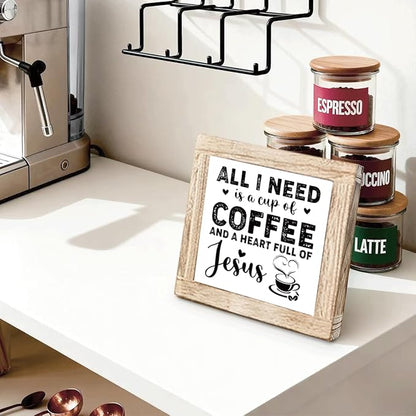 Christian Coffees Decoration Inspirational Coffees Wood Sign All I Need Is A Cup Of Coffee And A Heart Full Of Jesus Wall Decor for Kitchen Home Office Bar Christian Coffee Lover Gift 5.9x5.9 Inch