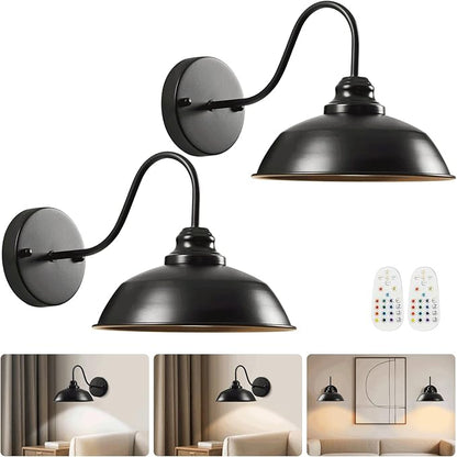 Black Wireless Wall Sconces Set of Two Battery Operated Wall Lights with Remote and Dimmable Bulbs Rechargeable Vintage Gooseneck Wall Lamp for Bedroom, Living Room, Farmhouse