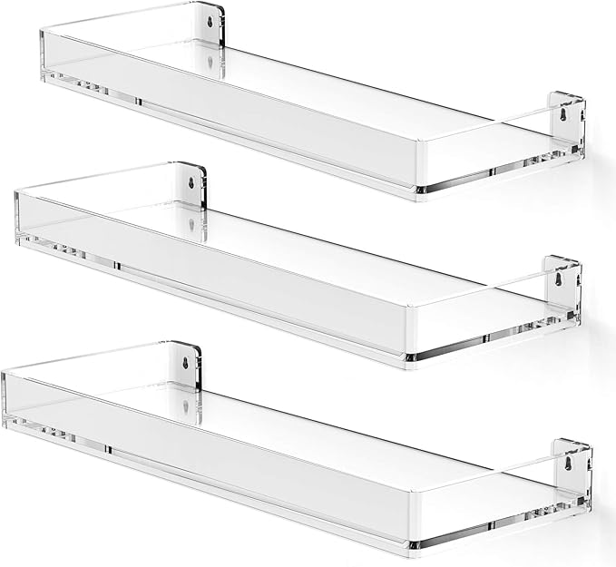 MaxGear Acrylic Clear Floating Shelves with Edge, Wall Mounted Hanging Bookshelves, Decorative Display Wall Shelves Storage Organizer for Bathroom, Bedroom, Kitchen, Easy Installation, Set of 3