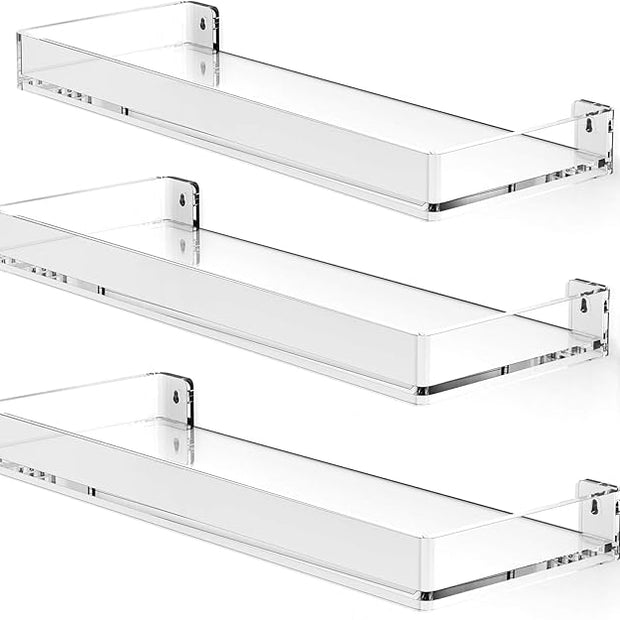 MaxGear Acrylic Clear Floating Shelves with Edge, Wall Mounted Hanging Bookshelves, Decorative Display Wall Shelves Storage Organizer for Bathroom, Bedroom, Kitchen, Easy Installation, Set of 3