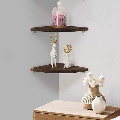 Joiishom Wood Corner Wall Shelves Set of 2, Solid Wood Corner Floating Shelves, Round End Wall Mounted Floating Corner Shelf for Bedroom, Living Room and Kitchen. (Brown-12 inch)