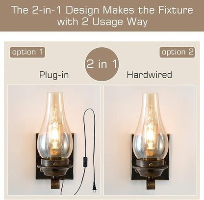 Yisuro Plug in Wall Sconce,Oil Rubbed Bronze Wall Sconces,Retro Rustic Wall Lamps,Sconces Wall Lighting with Amber Glass,Indoor Vintage Bedside Wall Lighting for Living Room Bathroom